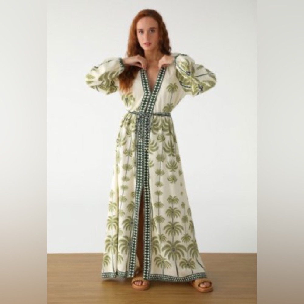 FARM Rio Cream Maxi Dress with Olive Palm Print and Green Trim - Picture 2 of 13